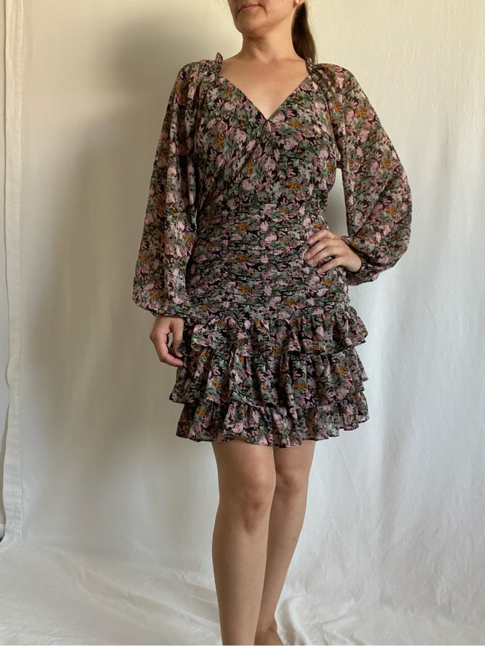 ASTR The Label Black Multicolor Floral Ruched Ruffle Mini Dress Size Small